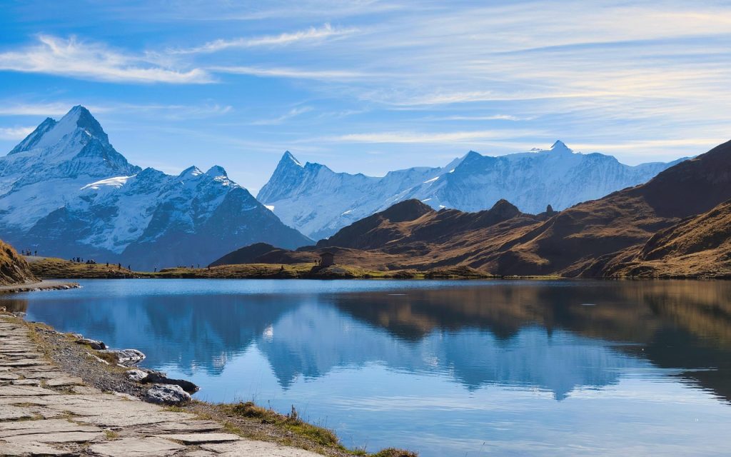 bachalpsee, lake, nature wallpaper, mountains, grindelwald, beautiful nature, alps, switzerland, autumn, nature, reflection, water, nature background, scenery, tourism, hd wallpaper